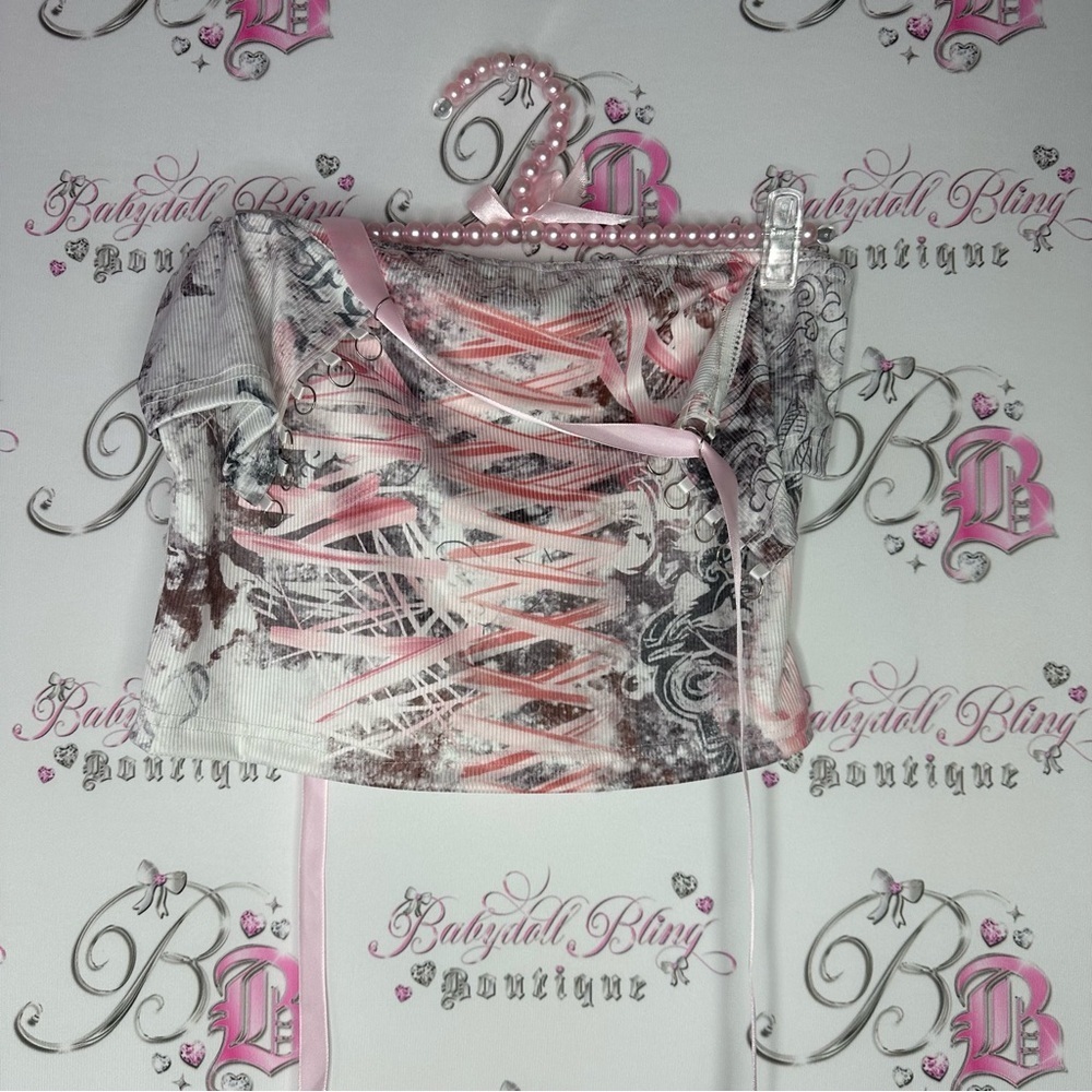 Tube strapless Corset Top lace up ribbon pink shimmer sexy tank ribbon 🎀 pink